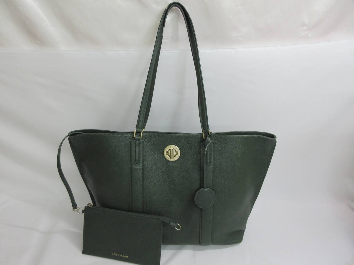 ⑮ COLE HAAN/コールハーン ラージターン トートバッグ A4対応 グリーン/カーキ系　レザー