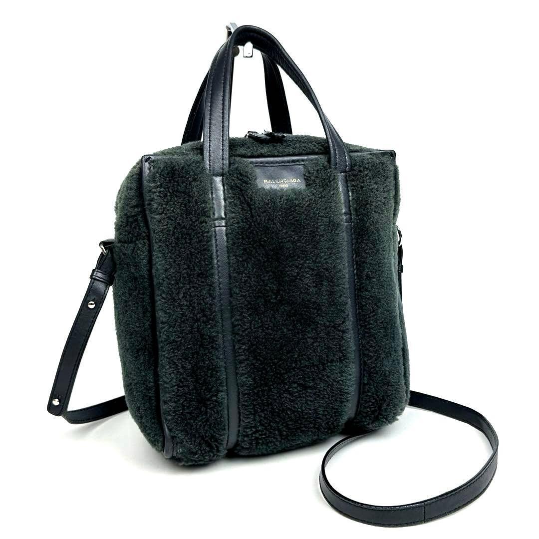 【極美品】BALENCIAGA バレンシアガ バザールショッパー XS 2way トートバッグ ショルダーバッグ ムートン ファー ボア レザー グレー系