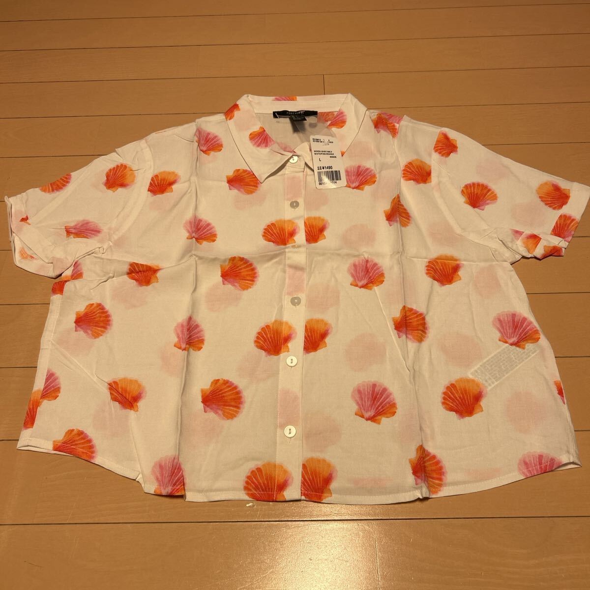 新品未使用FOREVER21レーヨン貝殻プリントシャツレディース L 半袖シャツ ブラウス