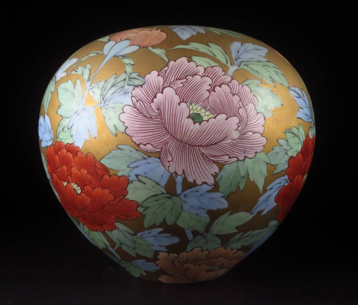 【SAKURAYA】【金濃色絵牡丹文花瓶/太田文右衛門】有田焼 飾壺 壷 花器花入 文右衛門 細密絵付 作家 在銘 共箱 骨董品 古美術品 高さ25cm