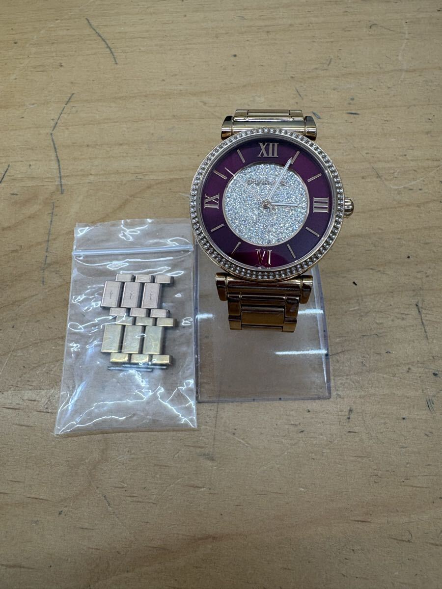 【f229】稼働 美品 Michael Kors マイケルコース MK-3412 腕時計 クリスタル パヴェ 石 Ladies Gold Purple Pave Watch Crystal SS