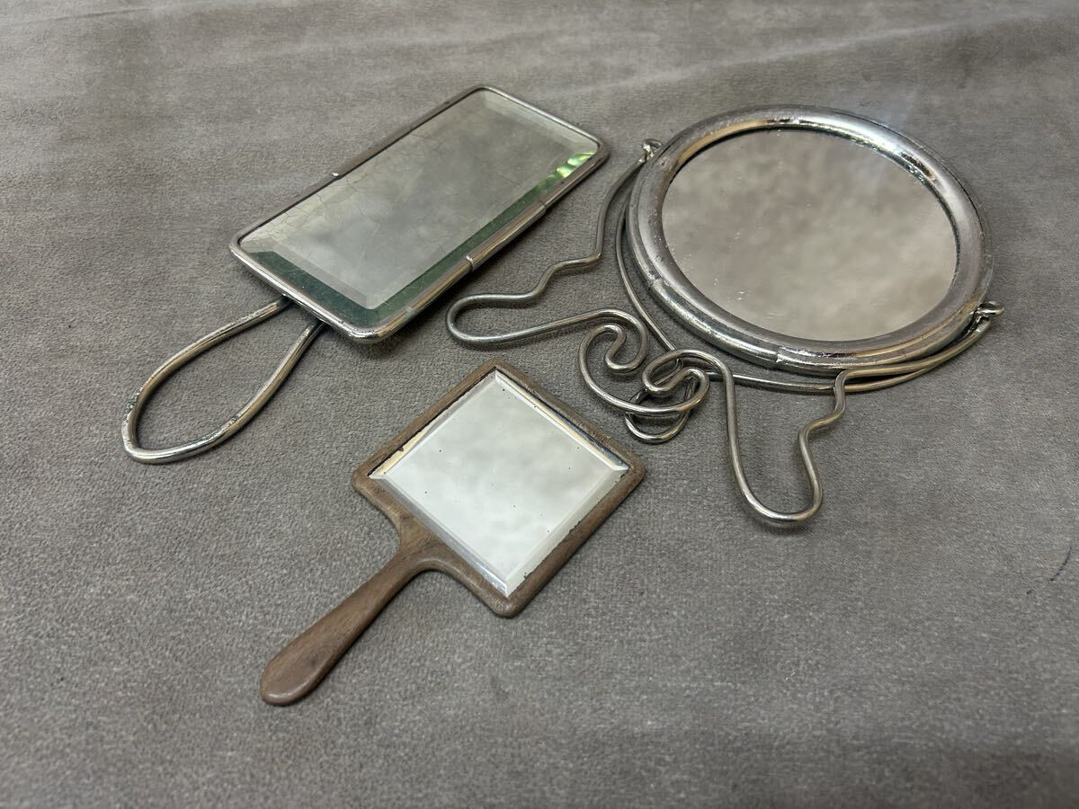 時代物 アンティーク ミラー ハンドミラー 金属フレーム 木製フレーム 古鏡 ヴィンテージ 手鏡 骨董 レトロ 時代物 