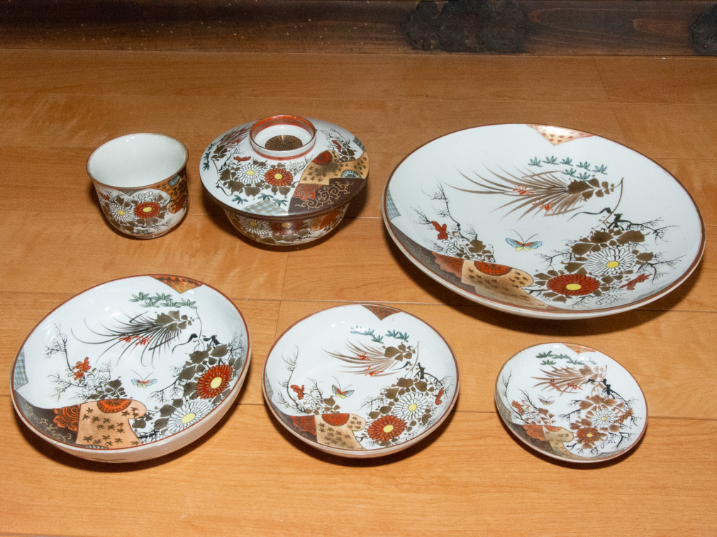 九谷焼 花蝶 四君子 通しもの 6点 在銘 和食器 アンティーク 茶道具 高級磁器