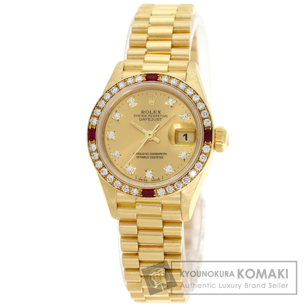 ROLEX ロレックス 69068G デイトジャスト 10P ダイヤモンド 腕時計 K18イエローゴールド K18YG ダイヤモンドxルビー レディース 中古