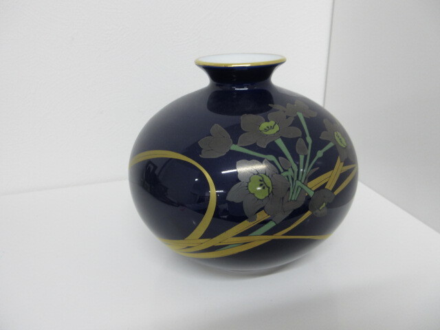 香蘭社 瑠璃 金彩 花瓶 フラワーベース 花器 花入 ♯3845