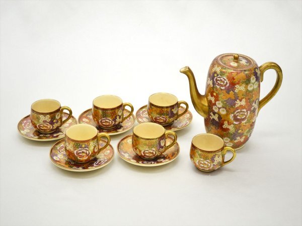 KM756●中古品●九谷焼　章山　金彩色絵花　ティーポット・カップ＆ソーサ セット（カップ×5・ソーサ×6）