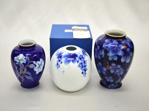 KM756●中古まとめて!!●深川製磁　花瓶/花器 3点セット　色絵・染付