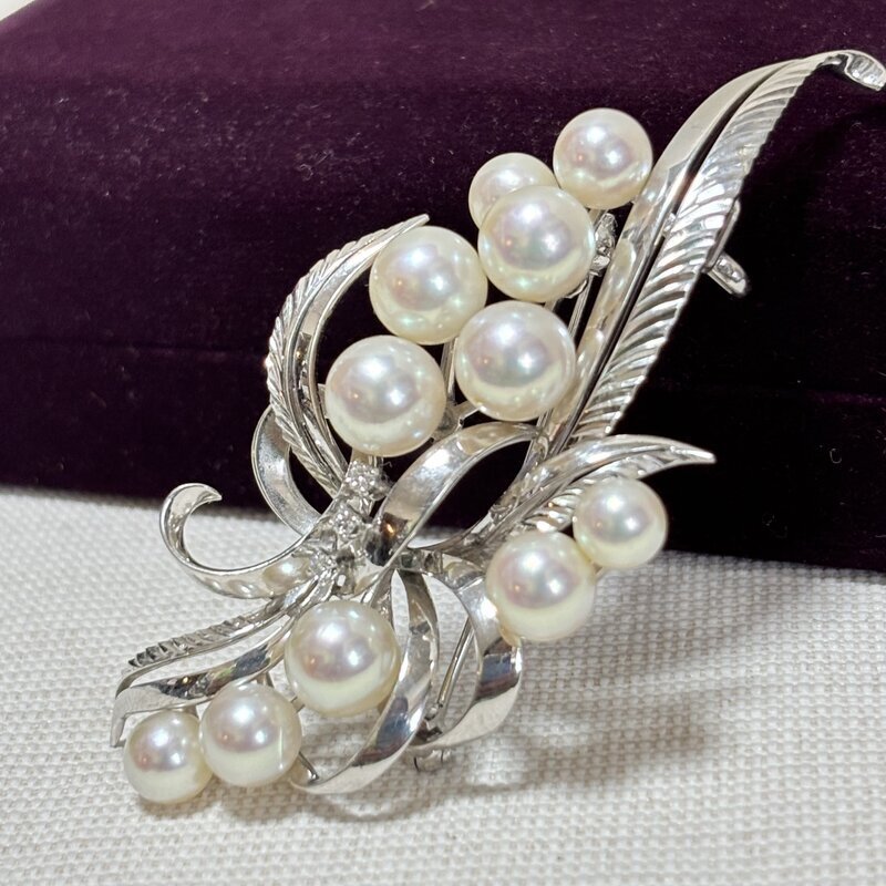 高級ブランドアクセサリー MIKIMOTO ミキモト真珠 パール ブローチ 帯留両用 20.1g K14WG(585) ダイヤ3P IW603BJ03MKM60