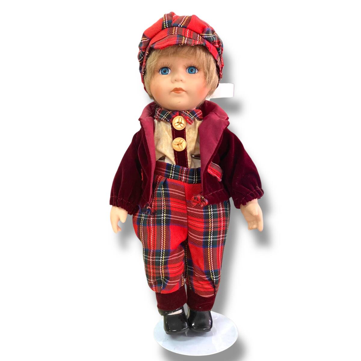 [80]260304-12612-1154 TS300 ビスク人形 ドール ボーイ人形 ポーセリンドール 昭和 キスドール ペアドール タータンチェック 現状品