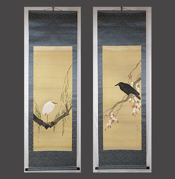 【adva】【真作】■渡辺省亭■柳鷺/櫻鴉図双幅■箱書有■洒脱な花鳥画を得意とした画家■肉筆■掛軸■掛け軸■日本画■