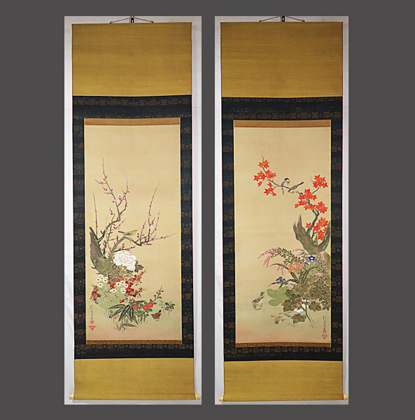 【adva】【真作】■名品■酒井抱一■花鳥図双幅■江戸琳派を代表する絵師■肉筆■掛軸■掛け軸■日本画■