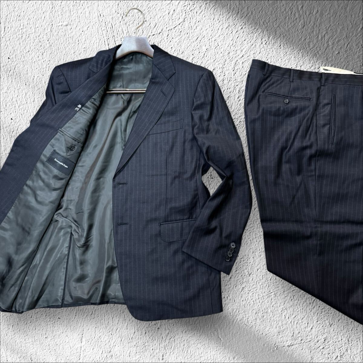 ZF06 最高峰本家!!希少52C XXL位!!【ZEGNA／ゼニア】別格ウール＆シルク生地 光沢感◎ブラック×ストライプ セットアップ スーツ スイス製