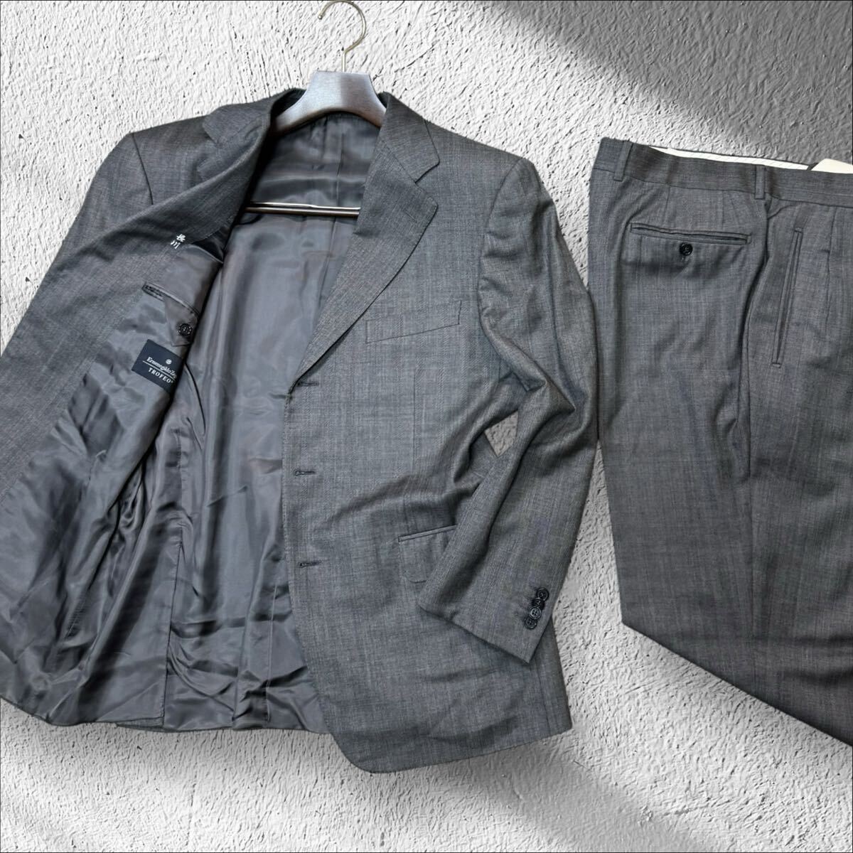 ZF07 最高峰!!◎大きめ希少52/XXL相当!!!【Zegna/ゼニア】TROFEO!!スーツセットアップ スーツ グレー ビジネス 通年モデル ウール100% 