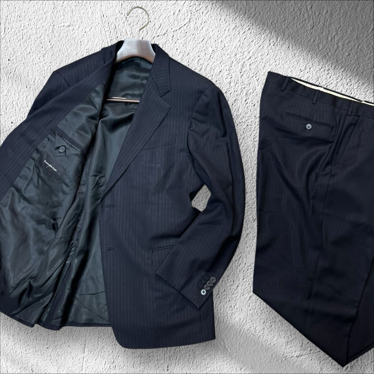 ZF02 最高峰本家!!希少52C XXL相当!!【Ermenegildo Zegna／ゼニア】極上ウール100% ブラック ストライプ スーツ メンズ セットアップ 総裏 