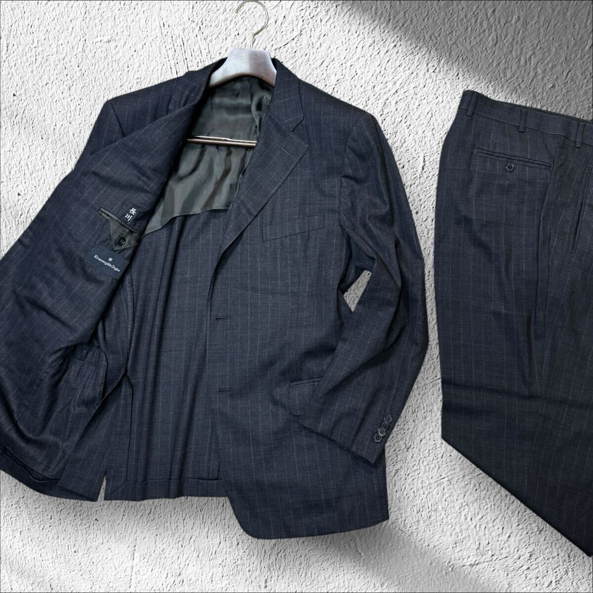 ZF03 最高峰本家!!希少52C XXL相当!!【Ermenegildo Zegna／ゼニア】極上ウール100% ブラック ストライプ スーツ メンズ セットアップ 総裏 