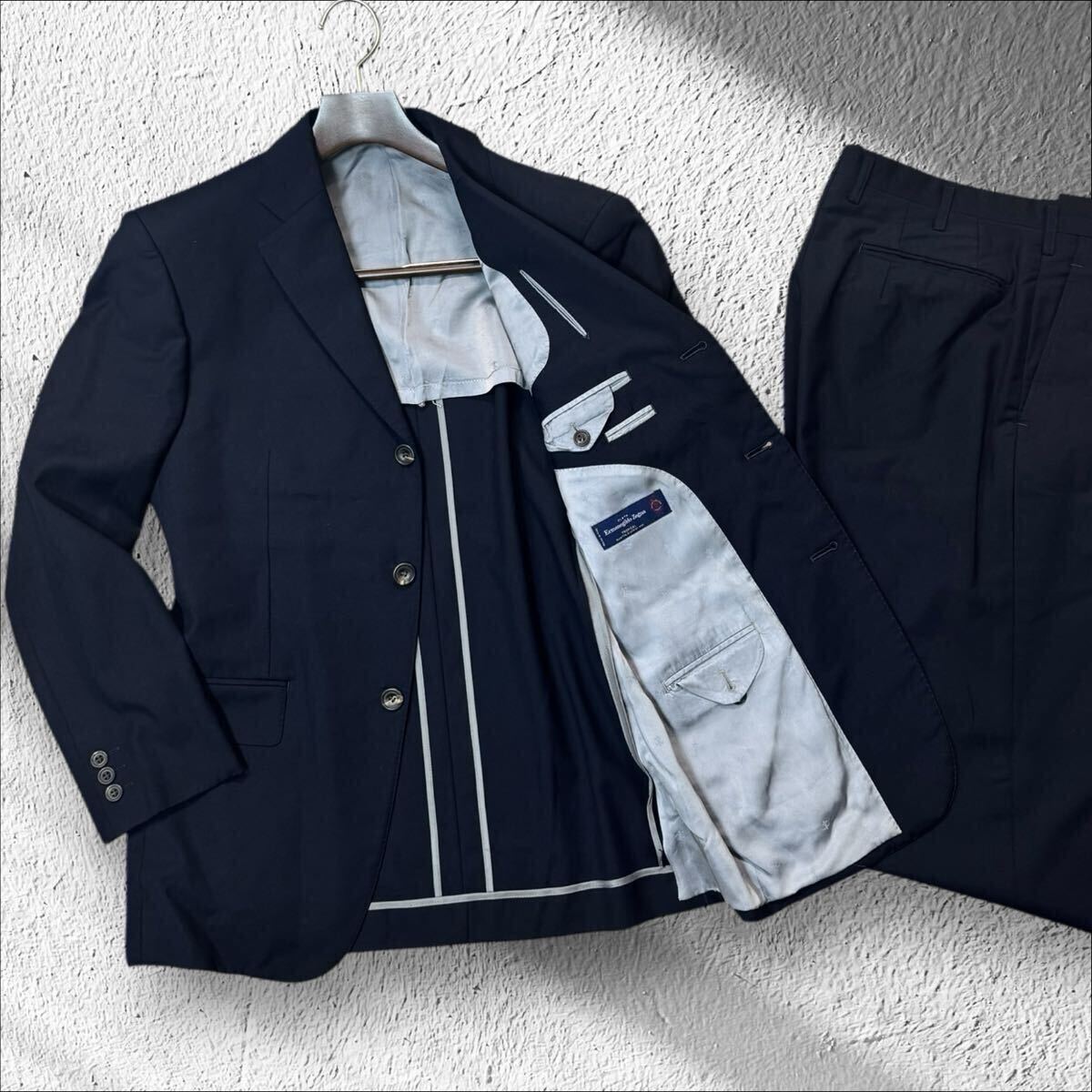 ZF20 美品 希少XL相当!! エルメネジルドゼニア Ermenegildo Zegna TROPICAL スーツ セットアップ 日本製 メンズ ネイビー系 無地 ビジネス