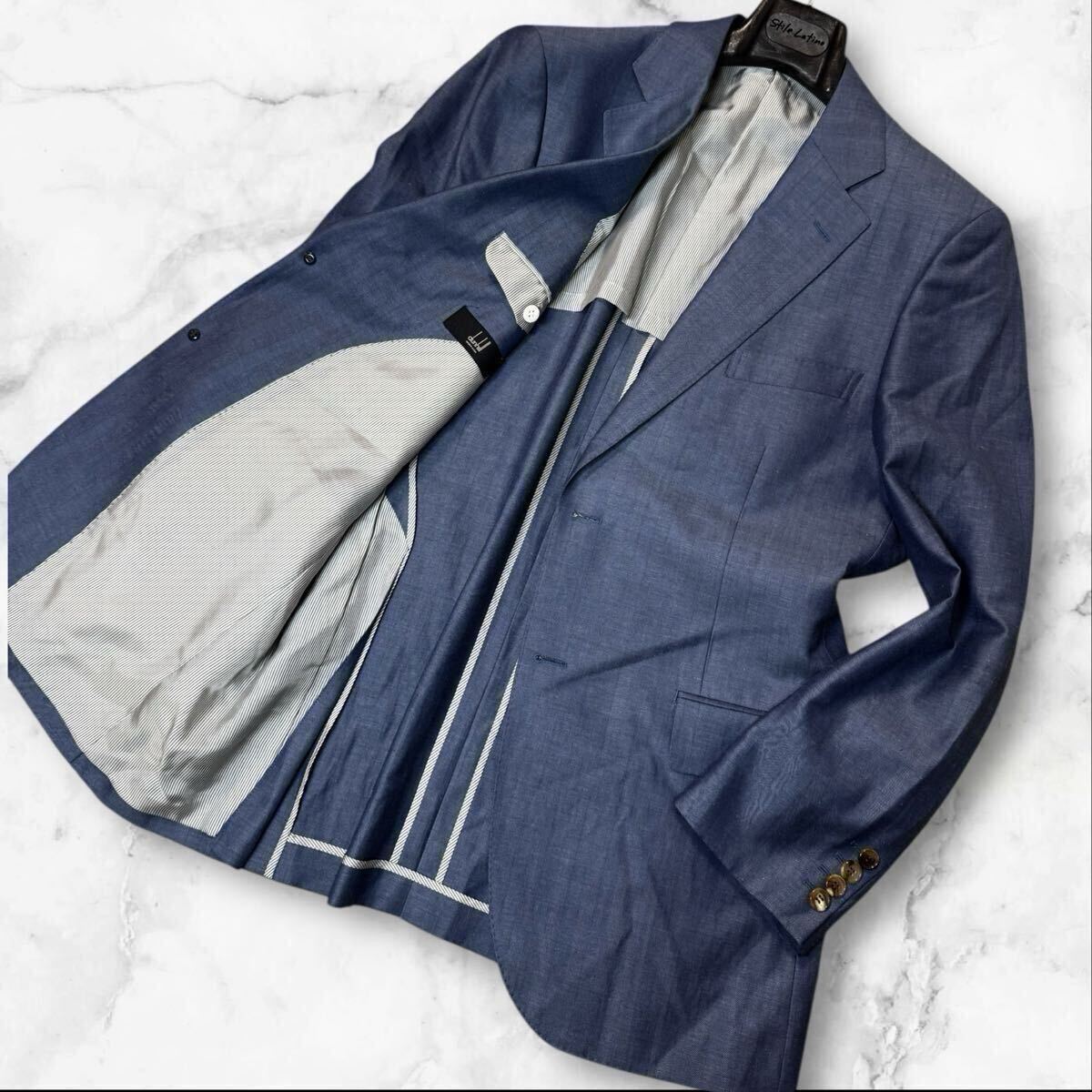 DH28 希少XXL相当!! DUNHILL/ダンヒル【一味違う春の色気】テーラードジャケット ブレザー ネイビー系 サマージャケットリネン 光沢感◎