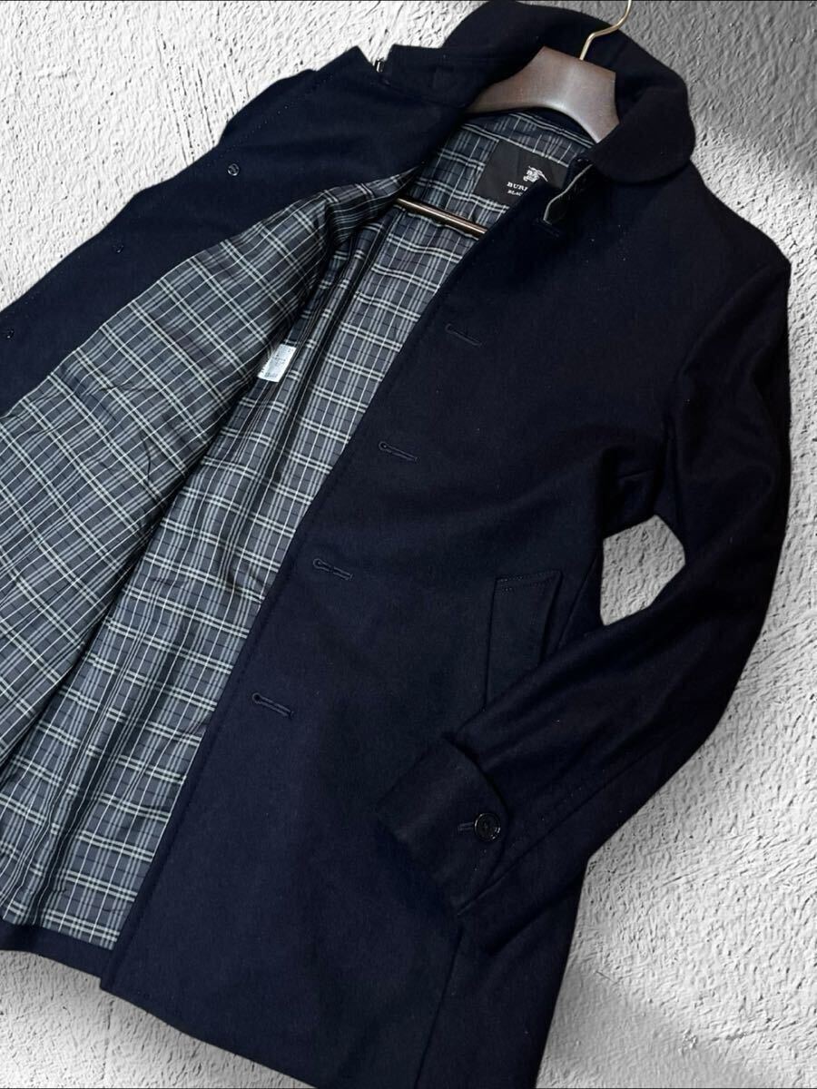 KM05 BURBERRY BLACK LABEL/バーバリーブラックレーベル 極上カシミヤウール!! 羊毛 襟ラムレザー コート ジャケット M チェック柄　メンズ