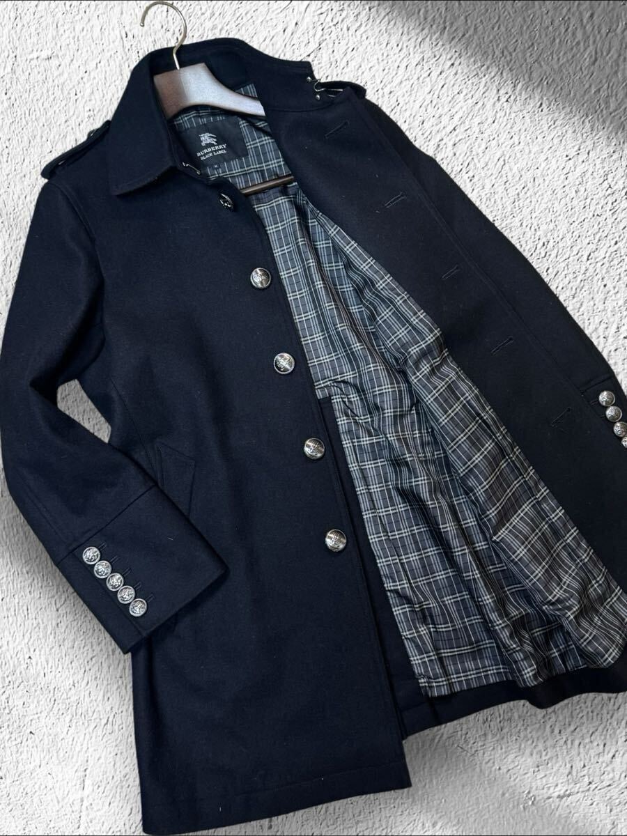KM06 王者の風格!!刻印銀ボタン【BURBERRY BLACK LABEL/バーバリーブラックレーベル】ナポレオン トレンチ コート ノバチェック ブラック M