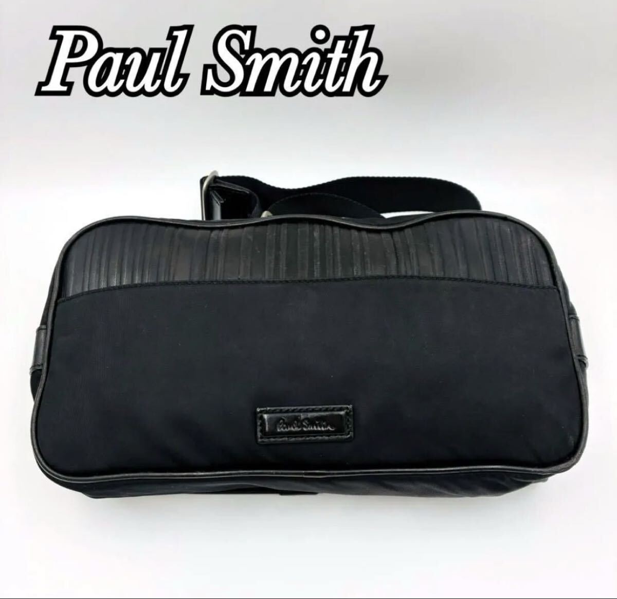 １円～　Paul Smith ポールスミス ボディバッグ ウエストポーチ レザー シャドーストライプ ブラック　黒　クロスボディ 斜め掛け ナイロン