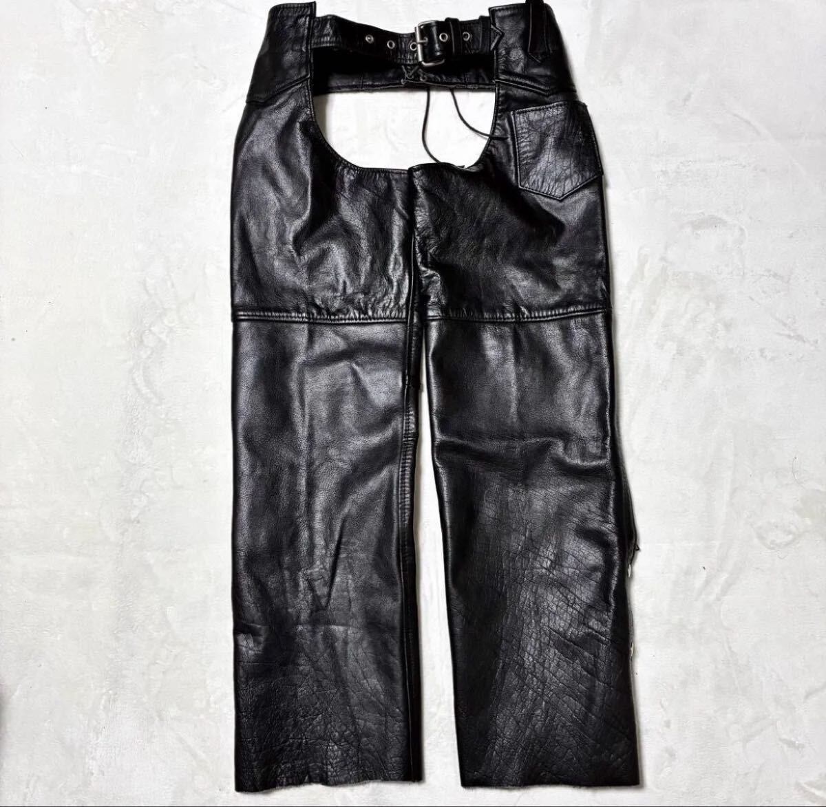 １円～　レザーチャップス レザー 本革 ブラック 黒 ファスナー バイクウェア バイカー ツーリング ヴィンテージ