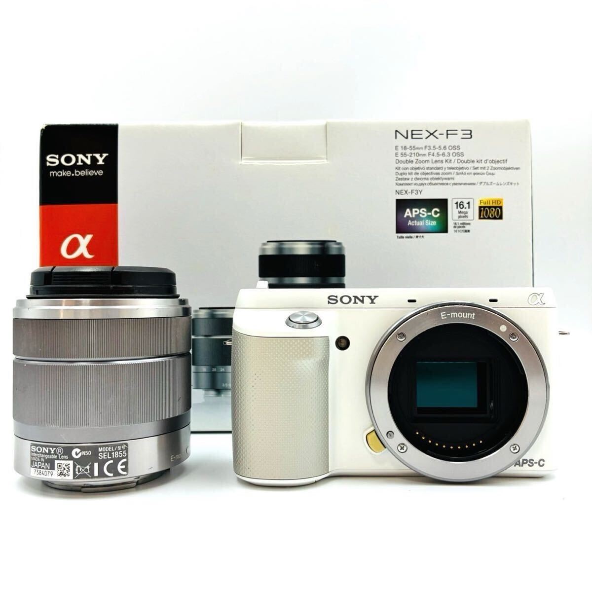１円～　SONY α NEX-F3 ソニー ミラーレス一眼カメラ ホワイト ボディ レンズ セット　バッテリー　稼働品　箱付き