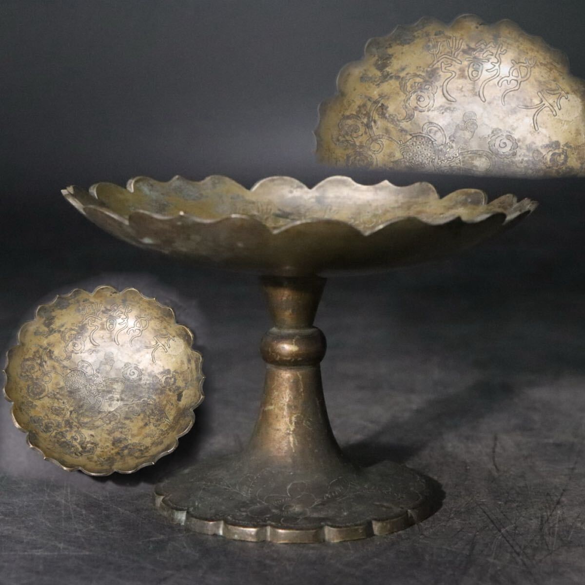 時代　古銅　銅製　天女図　彫金　足台　/　仏教美術　仏具　法具　銅器　検索：　密教　仏教　中国美術　チベット　.B2092