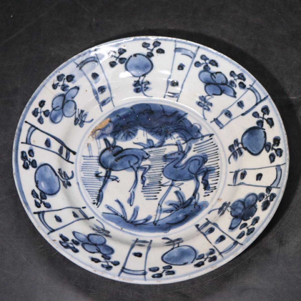 時代　古染付　芙蓉手　鹿図　皿　/　中国美術　明　末　清　煎茶道具　祥瑞　.B2150