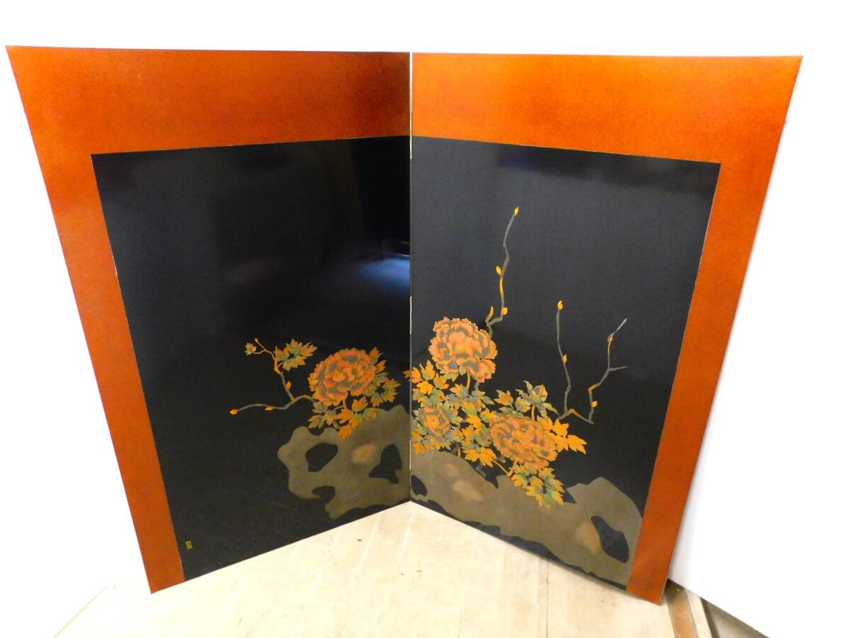 m1011 輪島塗 桜井一良 蒔絵 屏風 衝立 間仕切り 漆 幅約170cm 高さ約146cm