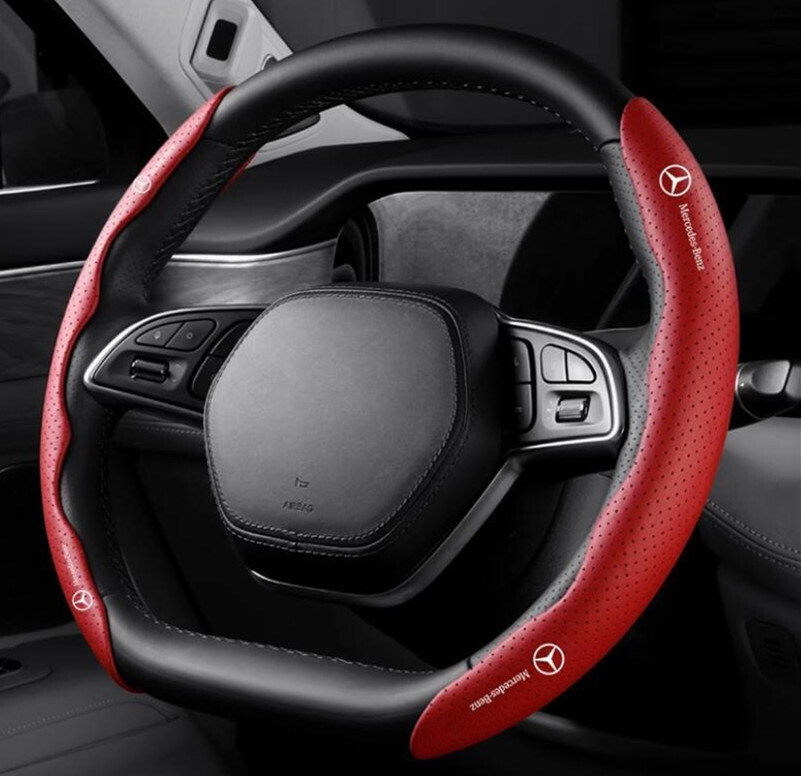 メルセデス・ベンツ レッド 車用 ハンドルカバー ハンドル保護 ◆超特上即納◆ ステアリングカバー レザー 滑り止め D型 O型 分割 タイプ