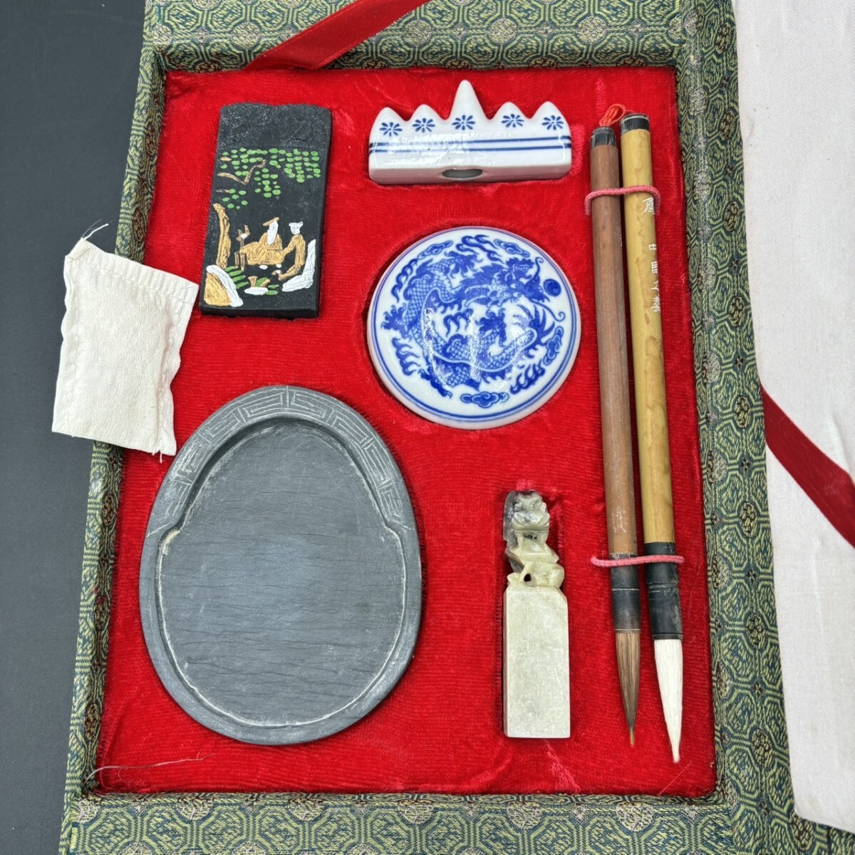 1円スタート 中国文房集宝 書道用具セット 硯 墨 筆 印泥 朱肉 レトロ 骨董品 AF03318