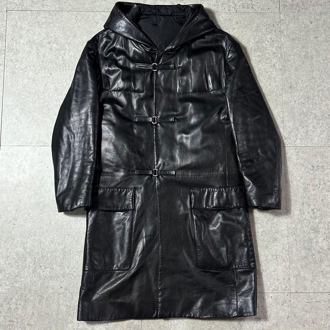 90s PRADA archive レザー ダッフルコート 黒 50