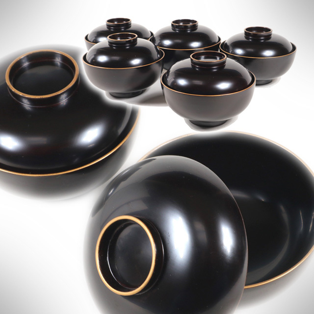 ●c207●美【輪島塗吸物椀5客/黒蝋色金縁】検お茶会煎茶道具茶懐石●西瓜●