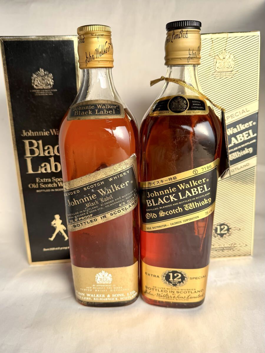 【古酒・特級】ジョニーウォーカー 黒ラベル 2本セット 金キャップ デカ金ラベル 12年 コールドベック 未開栓 箱付