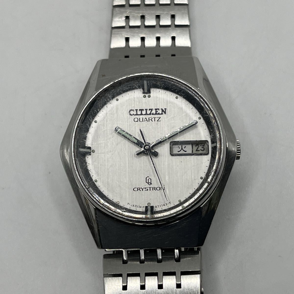 CITIZEN QUARTZ CRYSTRON ALL STAINLESS STEEL 4-871049 Y GN-4W-S シチズン クリストロン 3針 デイデイト アンティーク