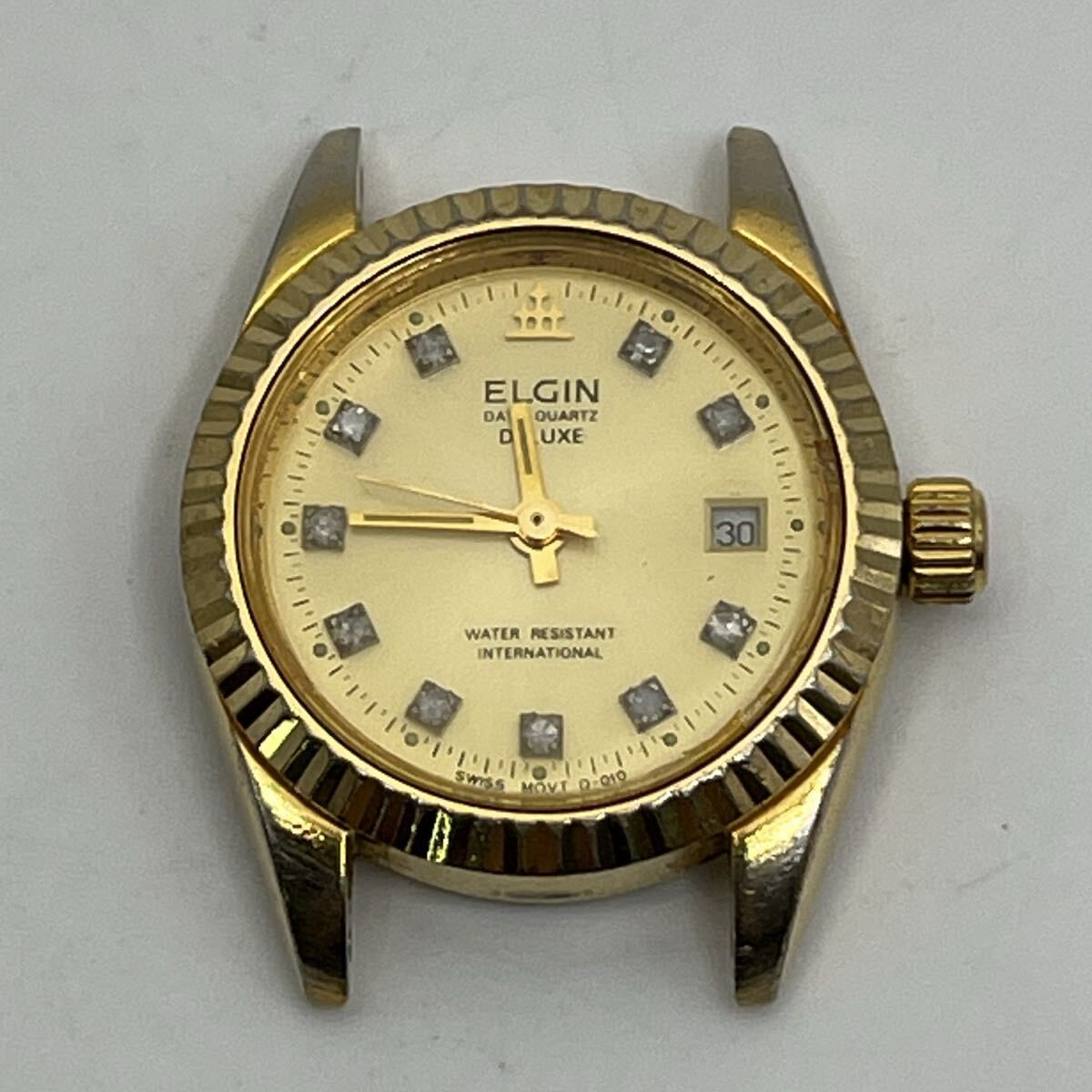 ELGIN DATE QUARTZ DELUXE WATER RESISTANT INTERNATIONAL FK-285 エルジン ゴールドカラー 石付 動作品