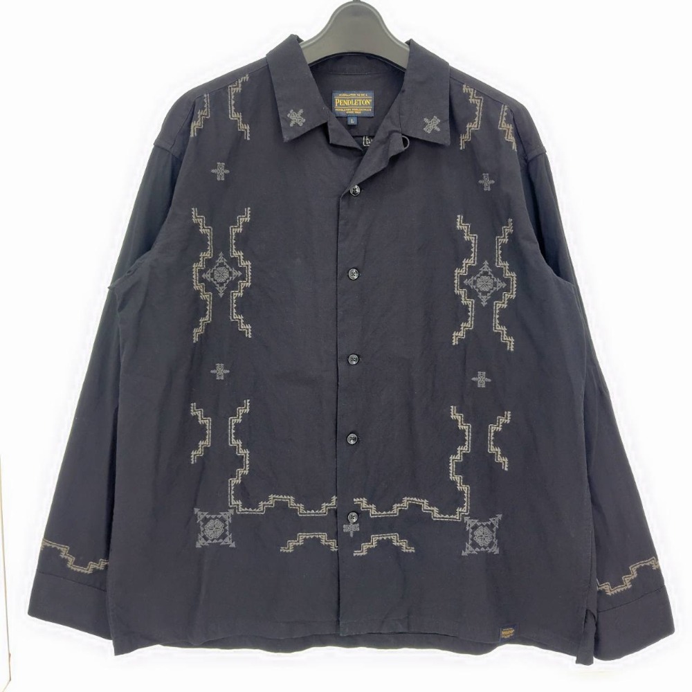 05w19628 ペンドルトン PENDLETON エンブロイダリーオープンカラー長袖シャツ ブラック サイズL 中国製 メンズ 中古品 【館林店】