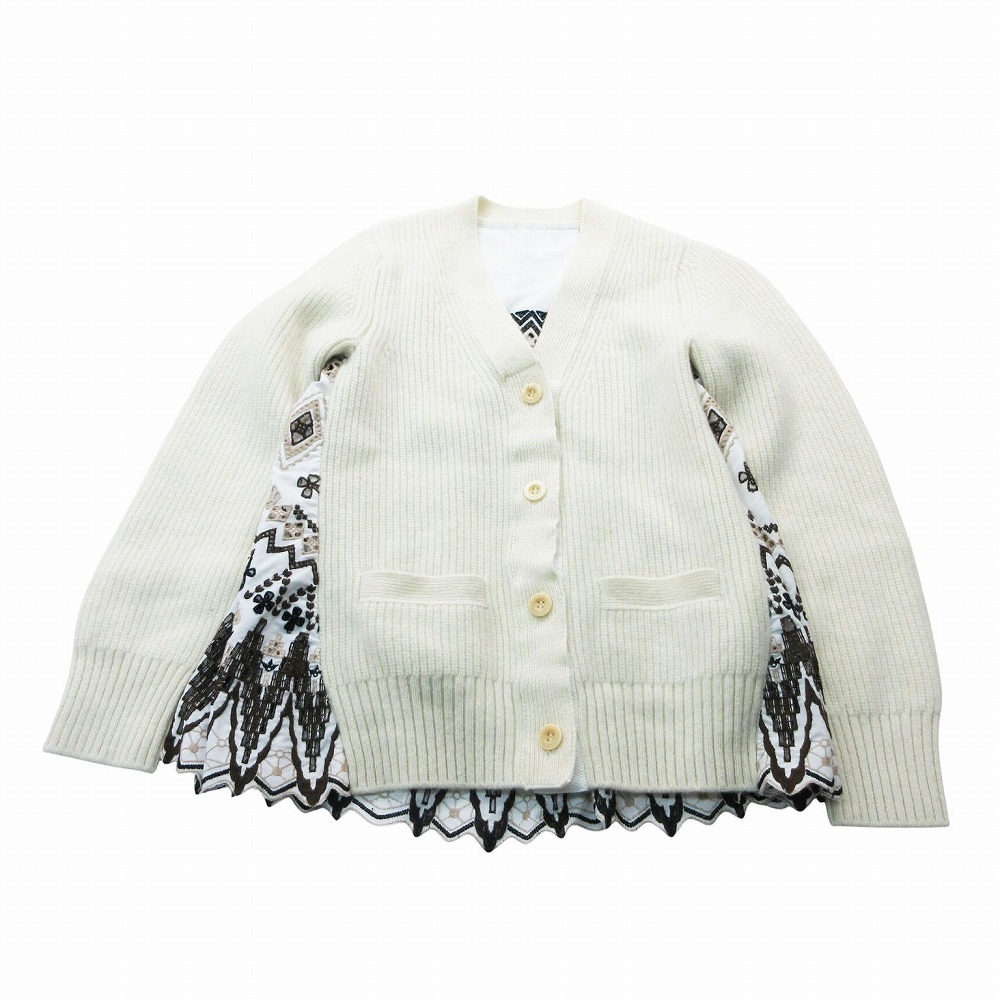 sacai サカイ ドッキング カーディガン ニット ジャケット 長袖 ウール 切替 刺繍 19-04746 サイズ1 S ホワイト レディース 【中古】