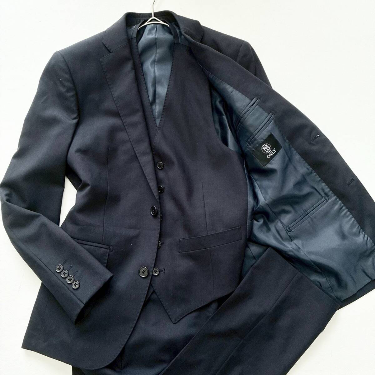 【現行/美品】ONLY オンリー スリーピーススーツ セットアップ ネイビー 3ピース 165Y ジャケット ベスト ジレ パンツ ビジネス フォーマル