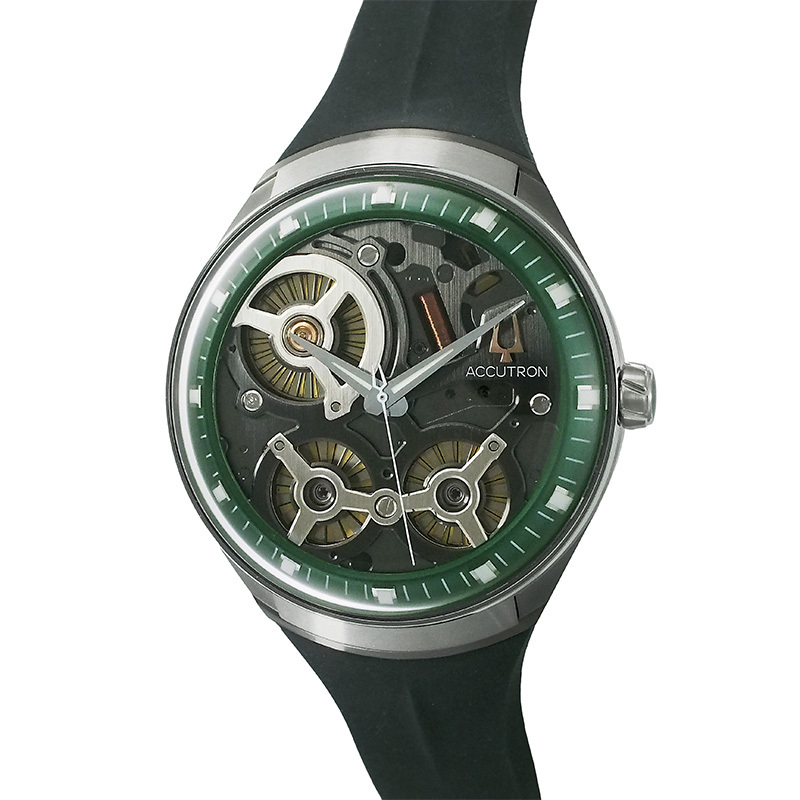 ◆ミウラ◆ ブローバ BULOVA アキュトロン グリーン メンズ 新品 静電誘導発電 SS スケルトン ラバーバンド 2ES8A001