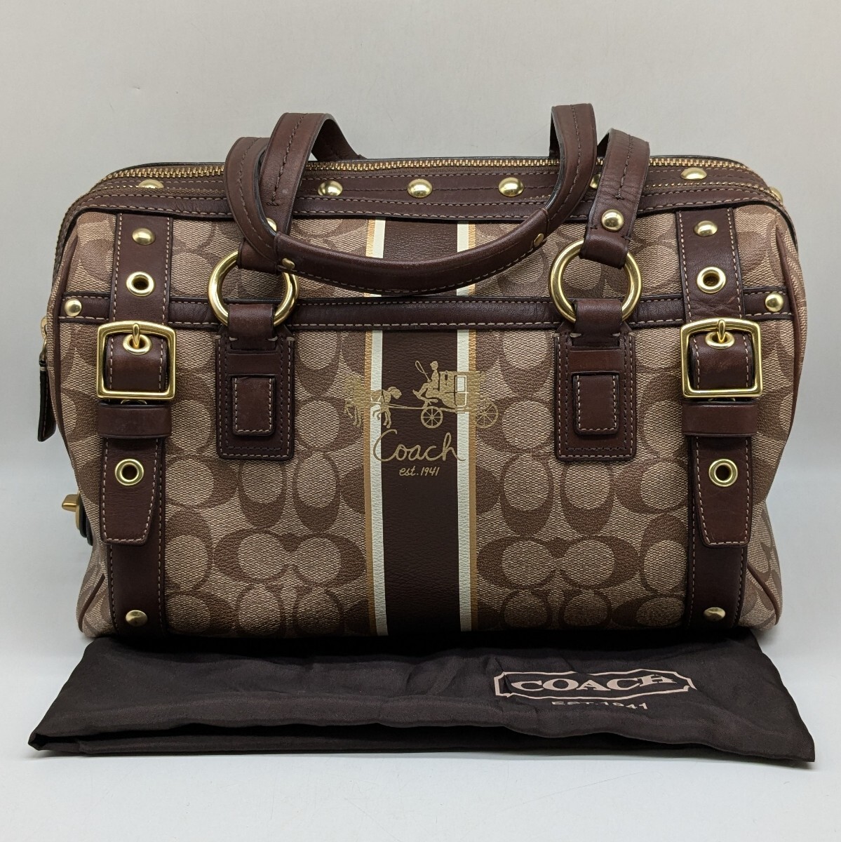 【3白11】1円スタート COACH / D0869 12530 コーチ シグネチャー ボストンバッグ ハンドバッグ バッグ 鞄 ブラウン系