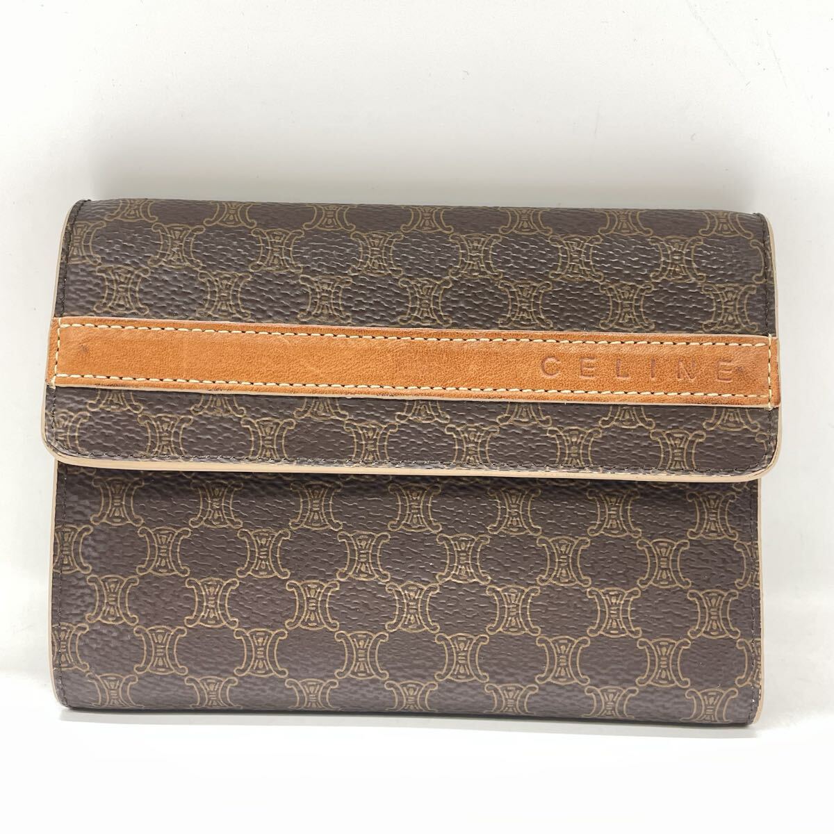 【3G8】1円スタート CELINE セリーヌ マカダム 三つ折り 財布 レザー ウォレット 札入れ 小銭入れ ブラウン系