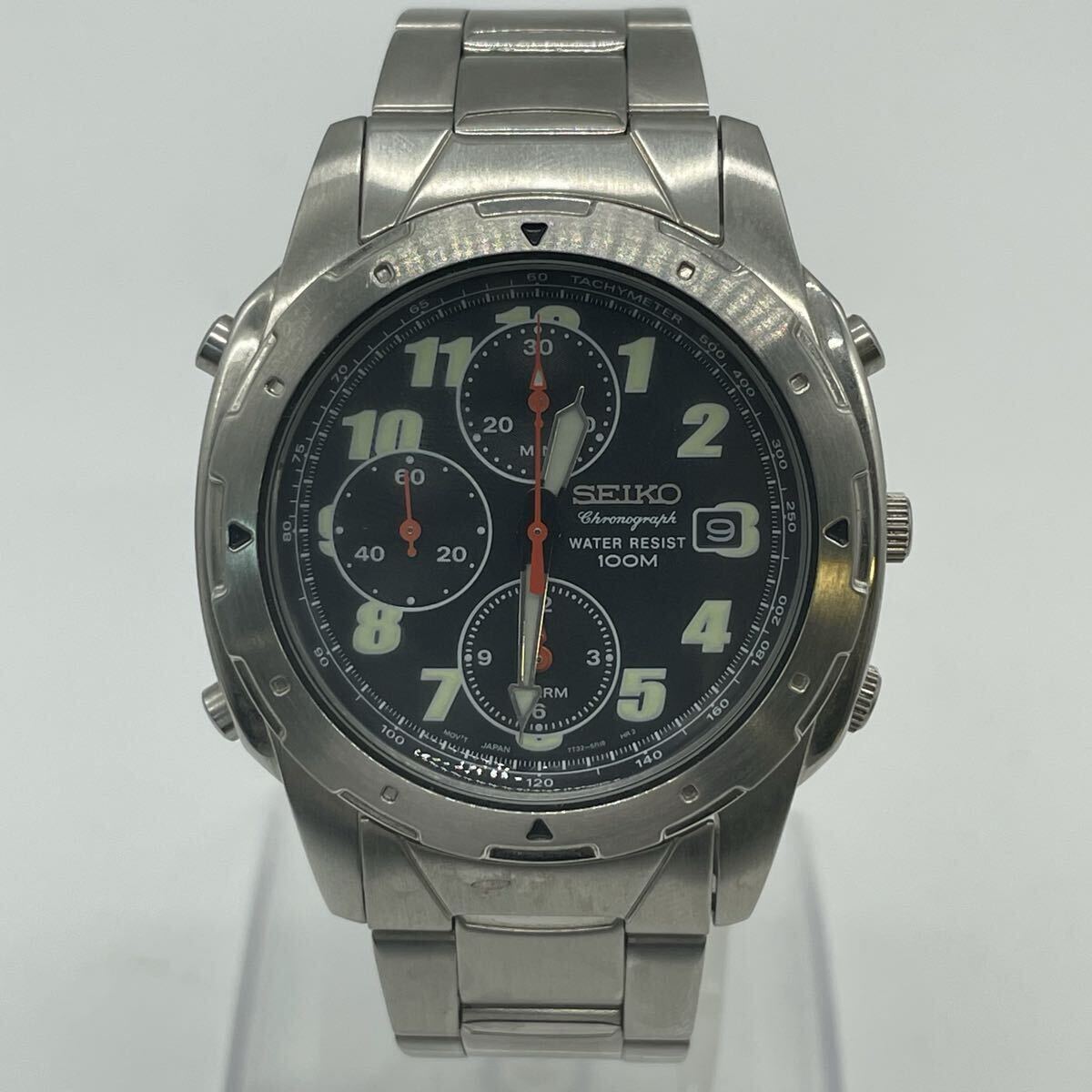 【3K13】1円スタート SEIKO CHRONOGRAPH 7T32-6M30 / セイコー クロノグラフ クオーツ 腕時計 デイト 100m防水 黒文字盤 シルバーカラー
