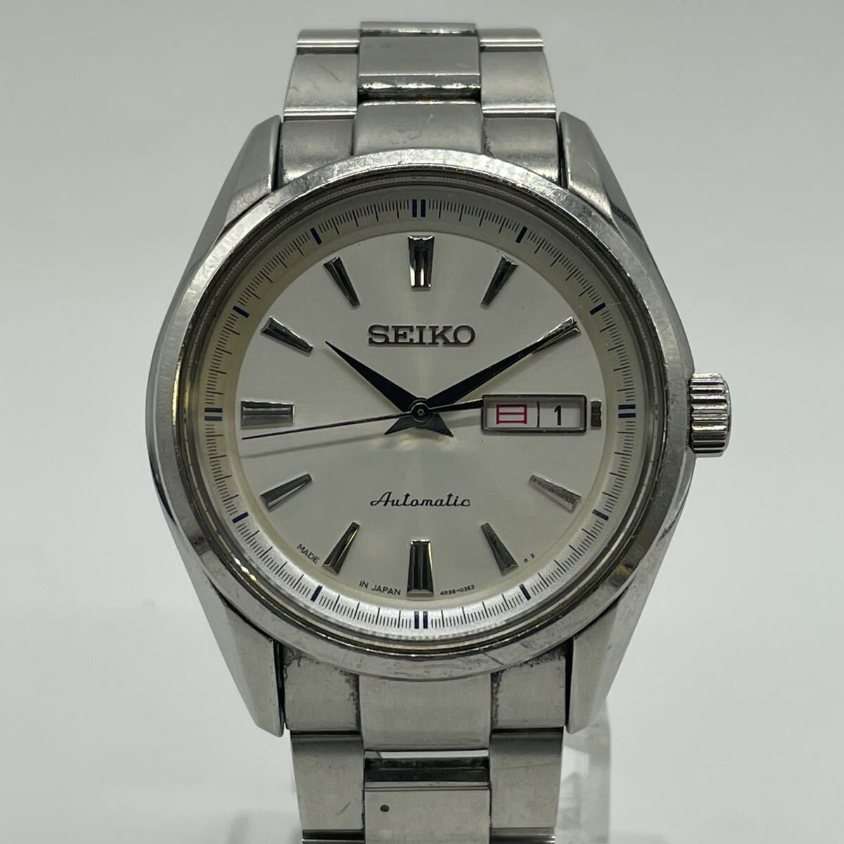 【3K4】1円スタート SEIKO Automatic / 4R36-03H0 セイコー オートマチック 自動巻き 腕時計 デイデイト 裏スケ スケルトン 白文字盤 