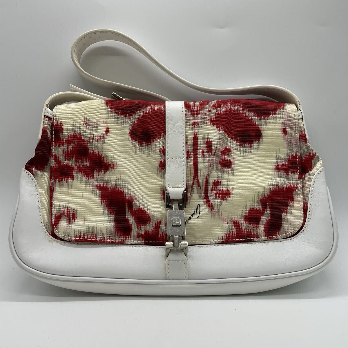 【3白8】1円スタート GUCCI / 001-9824 002058 グッチ ジャッキー ハンドバッグ ワンショルダー キャンバス レザー バッグ ホワイト レッド