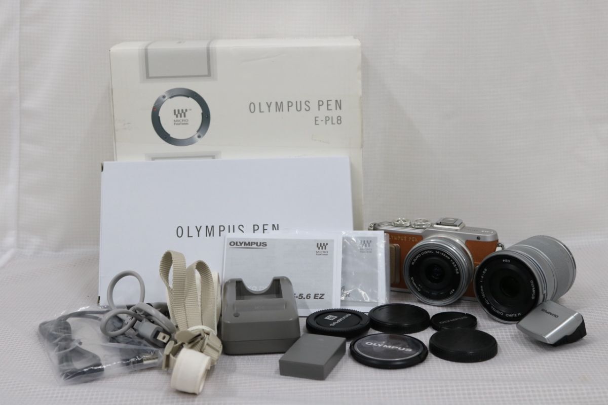 【返品保証】 【シャッター2493回】オリンパス Olympus PEN E-PL8 ブラウン 14-42mm 40-150mm ミラーレス一眼 e8304