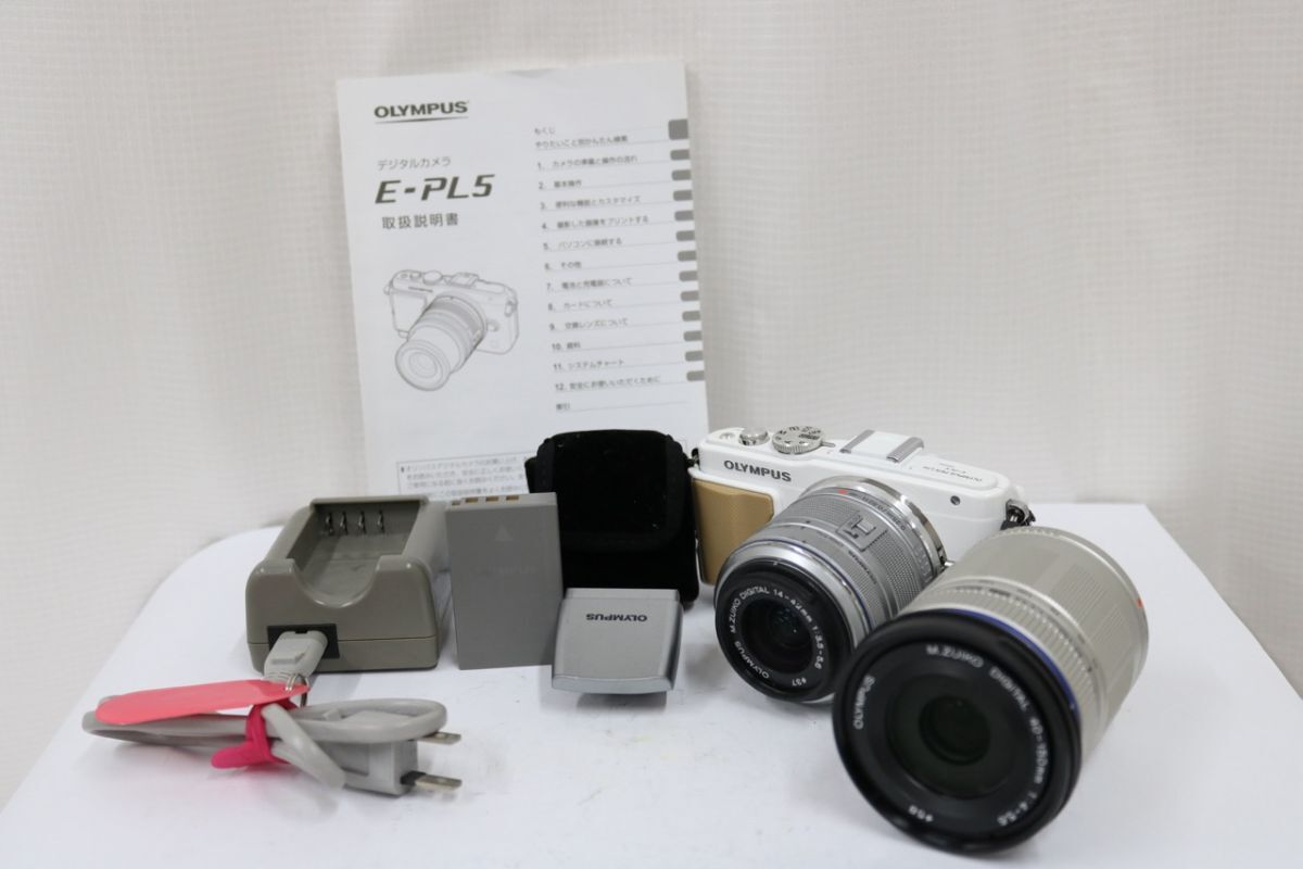 【返品保証】 【シャッター10385回】オリンパス Olympus PEN Lite E-PL5 ホワイト 14-42mm 40-150mm ミラーレス一眼 e8303