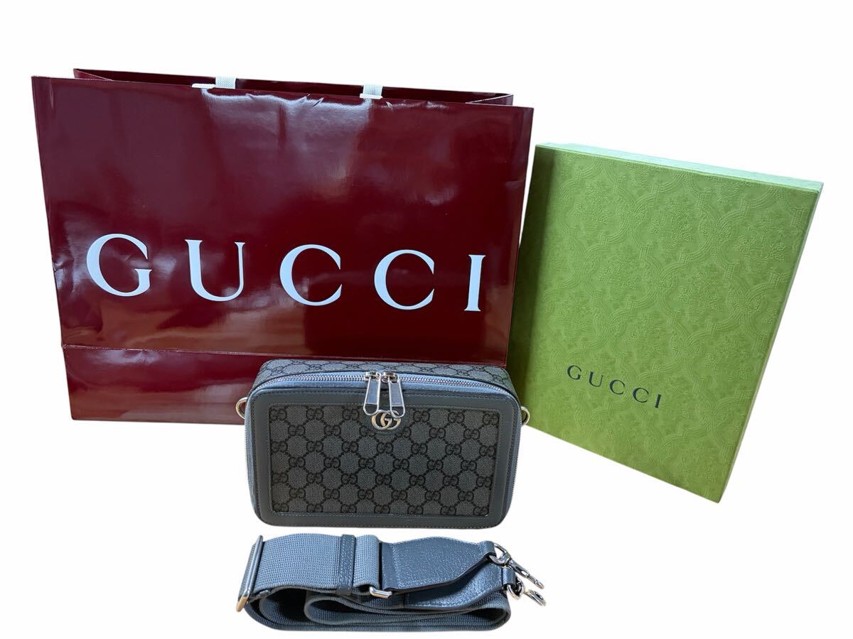 【美品】箱付き GUCCI グッチ ショルダーバッグ GGスプリーム ブラック系 グレー系 オフィディア レザー ストラップ付 771174 203887