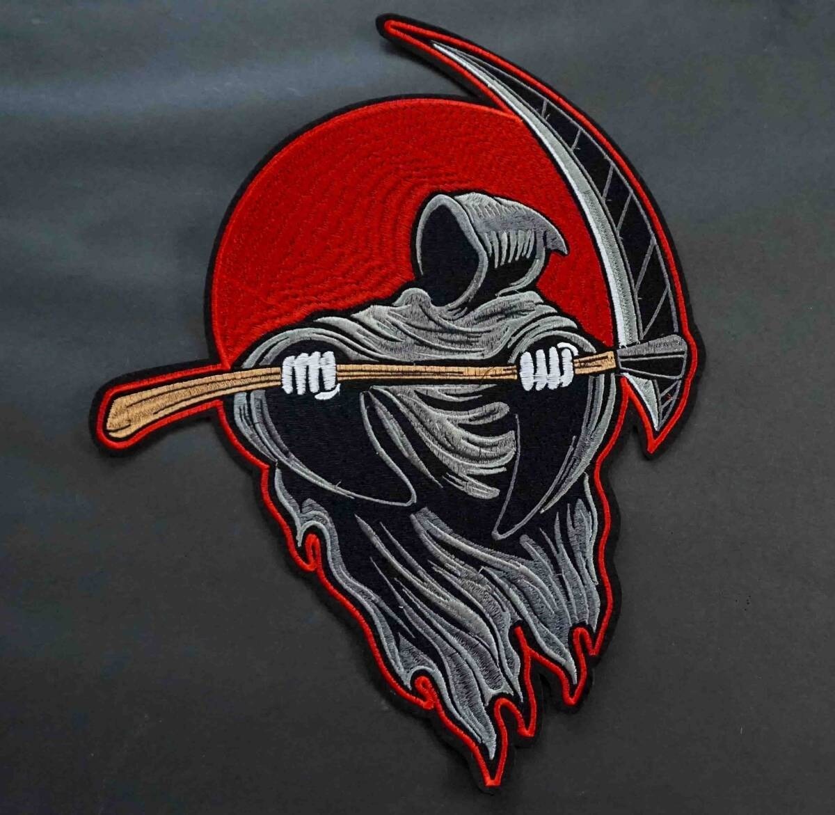 《特大US大鎌赤火玉灰黒衣死神》新品 『死神』刺繍ワッペン◇アメリカ 大型二輪車 オートバイ バイク 単車 ハードロック ハーレー愛好家◎