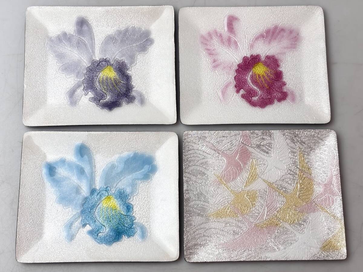七宝焼 銘々皿 4点 小皿 茶道具 菓子皿 レトロ 和食器 花柄 鶴 